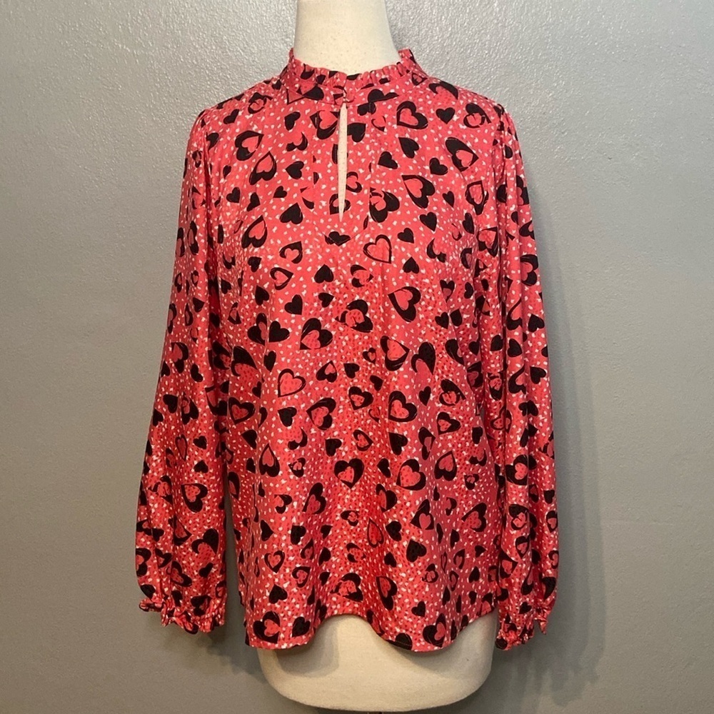 Karl Lagerfeld Paris Long Sleeve Blouse Heart Print Pink Black M